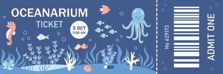 Vector Oceanarium ticket template design. Admit one ticket. Template of Aquarium ticket.のイラスト素材