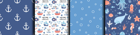 Vector set of marine seamless patterns. Childish backgrounds in flat design. Design for kids. sealife.のイラスト素材