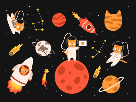 Vector cute set with cats in space. Astronaut cats and planets. Space rockets, comets and constellations. Galaxy in orange and red colors.のイラスト素材