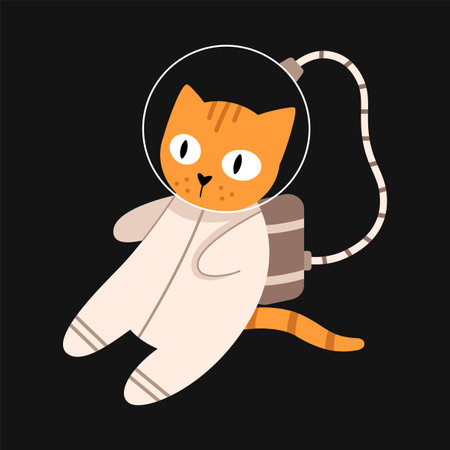 Vector cute cat in space. Cat astronaut in flat design. Funny animal flying in the galaxy.のイラスト素材