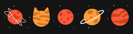 Vector planet set in flat style. Orange and red planets with spots, stripes and rings. Planet in the shape of a cat.のイラスト素材