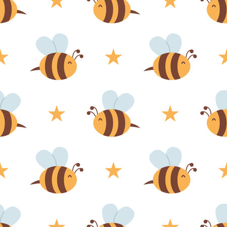 Vector seamless pattern with bees and stars. Striped honey bee and yellow stars on white background. Pattern with bumblebees.のイラスト素材