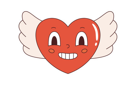 Vector y2k happy heart shaped character with wings in retro style. Happy Valentine's day. love and romantic. Funny vintage flying heart in flat design.のイラスト素材