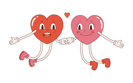 Vector hearts couple in retro style. Y2k pink and red heart sticker. Happy Valentine's day. Love illustration flat design. Two 70s happy jumping hearts.のイラスト素材