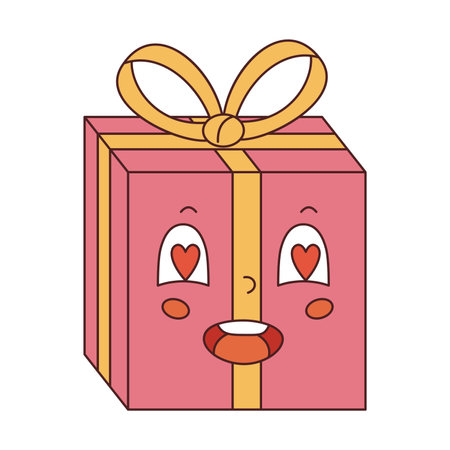 Vector gift box with heart shaped eyes in y2k style. Happy Valentine's day. Retro pink present with yellow bow and ribbon. gift character 70s.のイラスト素材