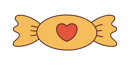 Vector retro candy in a wrapper with a heart. love and romantic. Happy Valentine's day. Sweet food y2k. Yellow bonbon in flat design.のイラスト素材