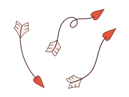 Vector set with curved arrows in y2k style. Happy Valentines day 70s. Retro collection of swirl arrows with heart shaped arrowheads.のイラスト素材