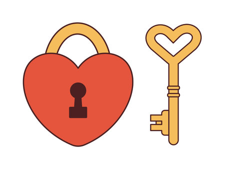 Vector set with heart shaped lock and key in retro style. Collection with red padlock and gold key y2k. Happy Valentine's day. 70s 90s.のイラスト素材