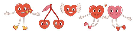 Vector love set in retro style. Funny hearts with faces y2k. Cute heart shaped characters in red and pink colors 70s. Happy Valentine's day.のイラスト素材