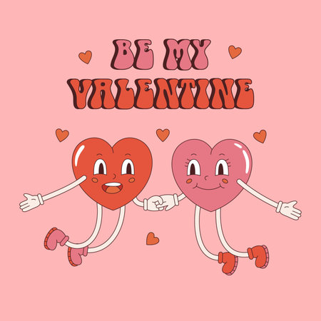 Vector retro postcard with hearts couple. Be my Valentine text. Valentines day poster with phrase. love and romance. Funny jumping hearts y2k.のイラスト素材