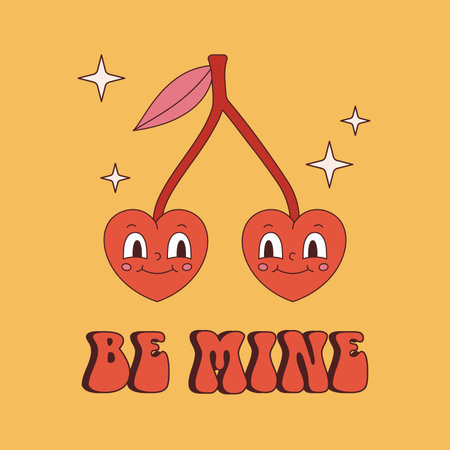 Vector retro postcard with funny couple of cherries in the form of hearts. Be mine text. Valentines day poster with phrase y2k. love and romance. Funny heart shaped cherry 70s.のイラスト素材