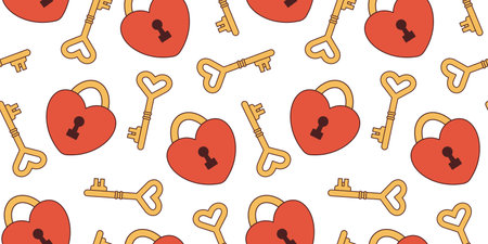 Vector retro seamless pattern with heart shaped gold key and red lock. valentines day. love and romance. Background in y2k or 70s style. pattern with hearts.のイラスト素材