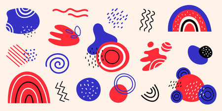 Vector abstract shapes. Set with geometric shapes and dots. rainbows and blobs. Lines, circles, blots, and zigzags. Collection in red and blue colors.のイラスト素材