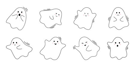 Vector halloween set with cute ghosts. Flying spirits flat design. Outline phantoms on white background. Doodle ghosts.のイラスト素材