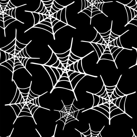 Vector seamless pattern of white hand drawn spider web on black background. Cute Halloween pattern with cobweb. Halloween design for packing paper or cover.のイラスト素材