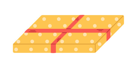 Vector spotted gift box. Yellow present with red ribbon. Polka dot gift for Christmas, Birthday or other celebration.のイラスト素材