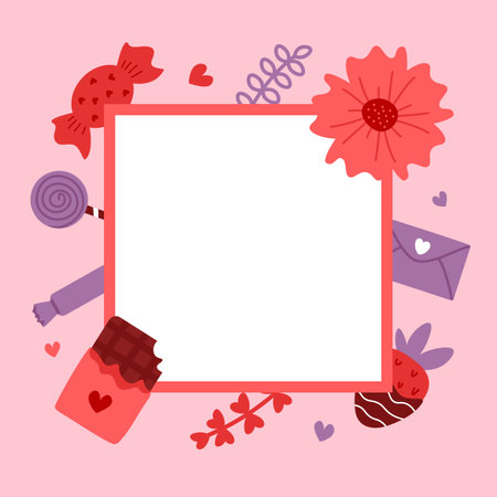 Vector cute frame. Valentine's day greeting card. love. Candy and flowers.のイラスト素材