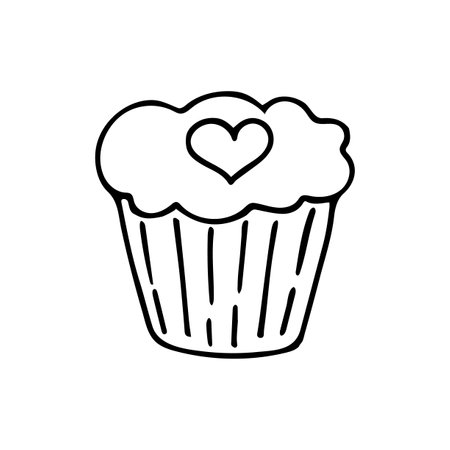 Hand drawn doodle cupcake with heart. Vector love clipart. outline.のイラスト素材
