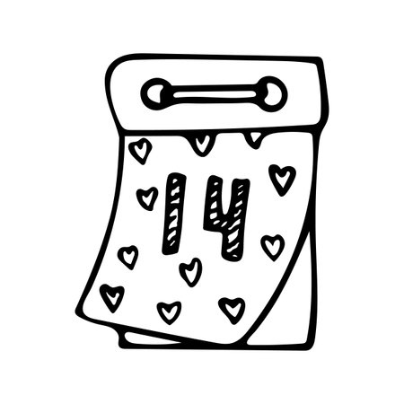 Hand drawn cute calendar. Vector Valentine's day clipart. Calendar for February 14. Outline.のイラスト素材