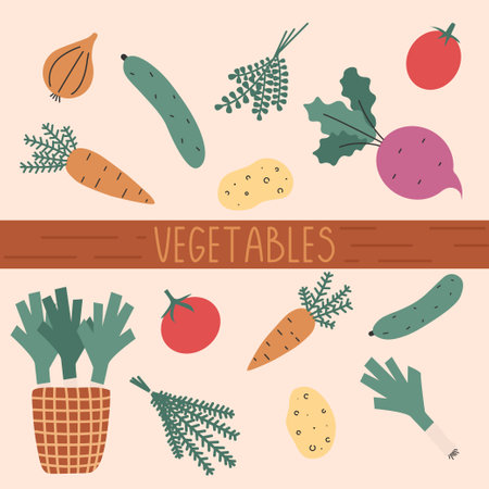 Doodle vegetable set. vectorcliparts. Harvest flat elements.のイラスト素材