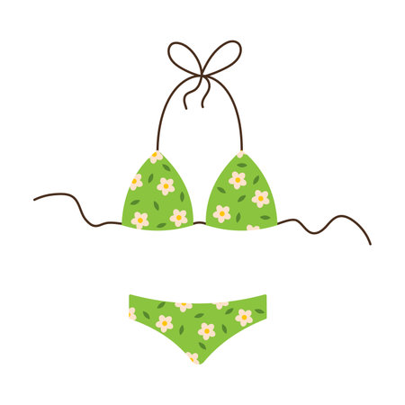 Vector lingerie or swimsuit with floral pattern. Womens green swimwear in flat design. Swimsuit for beach leisure. clothes for swimming. Two piece swimsuit.のイラスト素材