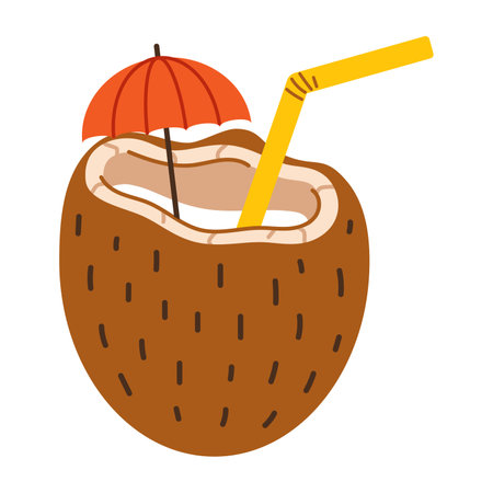 Vector coconut with straw and umbrella in flat design. exotic coconut cocktail. Summer drink in coconut.のイラスト素材