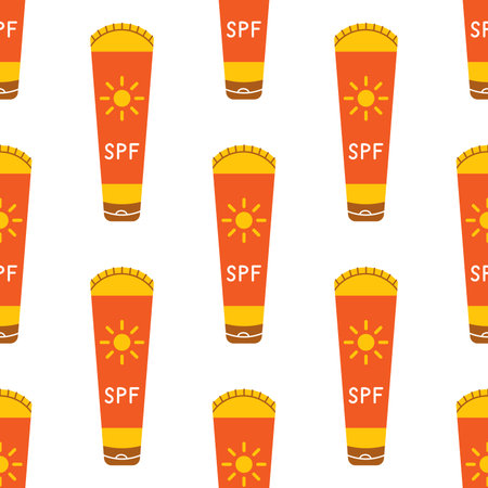 Vector seamless pattern with sunscreen tube. Sun safety cream on white background. Sunscreen product...