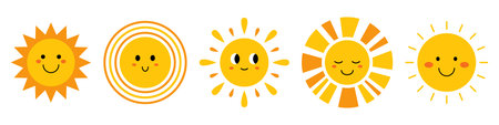 Vector cute smiling suns face. Funny childish suns in flat design. Childish sunshine emoji. Baby...