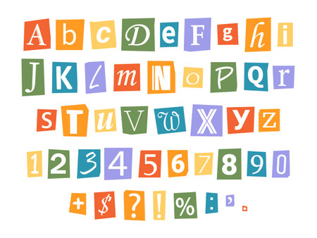 Vector LGBT ransom font in y2k style. Pride month letters cut-outs from magazine. LGBT community criminal alphabet set. Retro ransom text in rainbow colors.のイラスト素材