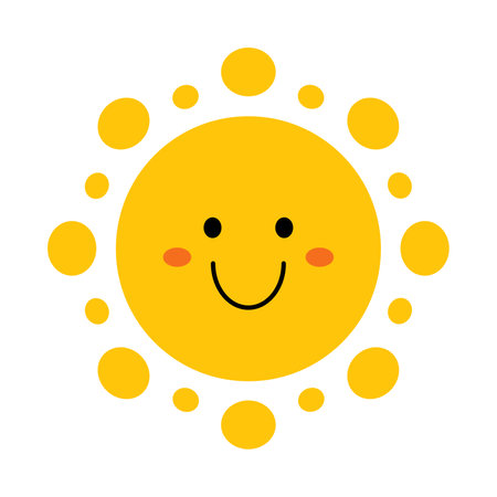 Vector smiling sun in flat design. Funny sun face. Childish cute sunshine emoji. Simple kawaii sun with round sunbeams. Baby sunshine with blush.のイラスト素材