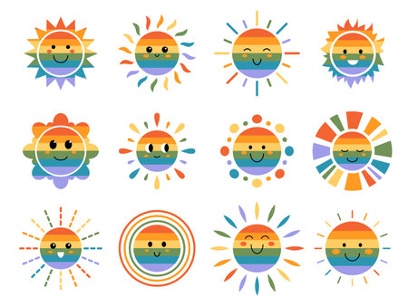 Vector set of LGBT funny suns with faces. Cute summer pride month sunshine emoji. LGBT collection of rainbow childish sunny emoticons. Smiling baby sun with sunbeams. LGBTQ designs.のイラスト素材
