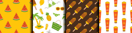 Vector set of summer seamless patterns. beach holiday backgrounds. Sunscreen, ice cream, watermelon and other summer elements. Happy summer pattern collection.のイラスト素材