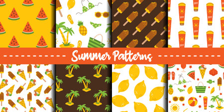 Vector set of summer seamless patterns. Beach holiday backgrounds. Sunscreen, ice cream, watermelon, lemon, palm tree and other summer elements. Happy summer pattern big collection.のイラスト素材