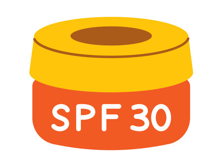 Vector sunscreen cream jar. Skin protection from sun. Jar of lotion with SPF 30. Product package with sunblock in flat design. Summer daily cosmetic. Sunscreen skincare product.のイラスト素材