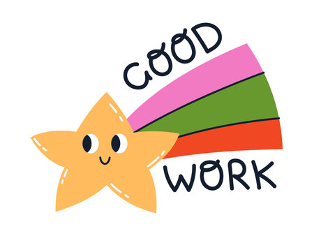 Vector illustration of cute falling star and good work text. Inspirational and motivational sticker. Positive phrase and smiling star with colorful tail.のイラスト素材