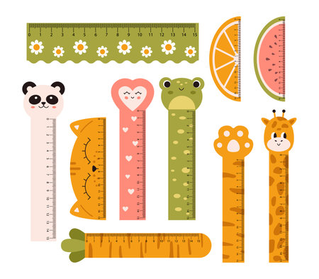 Vector set with cute measuring rulers. Kawaii collection in flat design. centimeter scales. Funny animals and fruits on rulers. Measuring tools.のイラスト素材