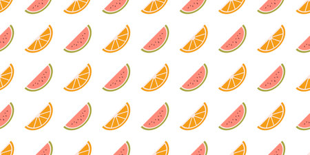 Vector seamless pattern with fruit slices. Watermelon and orange slices on white background. Summer seamless pattern with fruits.のイラスト素材