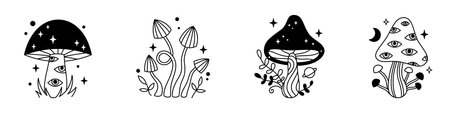 Vector halloween magic set of mushrooms and stars in black color. mystical line fungi. Outline celestial elements. Fairytale gothic mushroom collection. Witchy esoteric mystic mushrooms with eyes.のイラスト素材