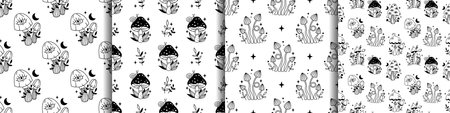 Vector magic psychedelic seamless pattern set. Outline mushrooms, stars, moons and plants. Black mystic mushrooms on white background. Witchy esoteric seamless pattern collection.のイラスト素材