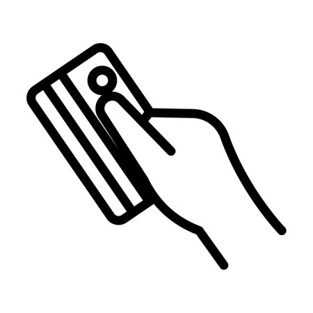Vector hand pose counting, giving, taking, squeezing and showing credit card. Debit or credit card in hand icon. finance concept. Editable stroke. Line icon of hand holding bank card.のイラスト素材