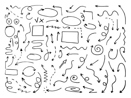 Vector hand drawn set of doodle arrows. Hand drawn abstract collection of icons, frames and arrows in doodle style. Chaotic doodle elements.のイラスト素材