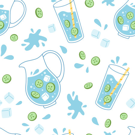 Vector seamless pattern with glass and jug of water. Water with cucumber slice, ice and water splashes on white background.のイラスト素材