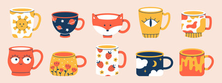 Vector set of different cups of tea or coffee. Trendy ceramic mugs with various ornaments. Collection of modern drink cups. Colorful crockery with flowers, eyes, sun, fox, night and space.のイラスト素材