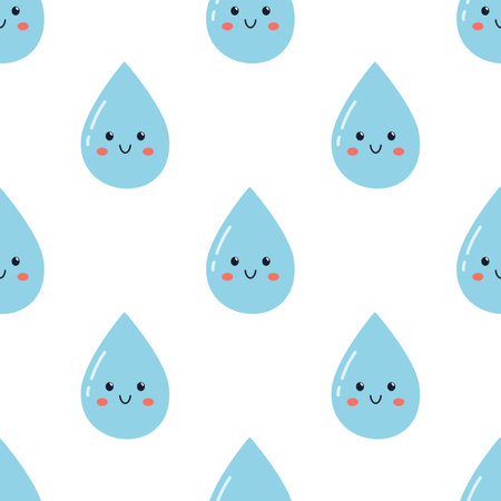 Vector water seamless pattern with cute water drops. Trendy print with waterdrop with face on white background. Wrapping pattern design. Drink more water.のイラスト素材