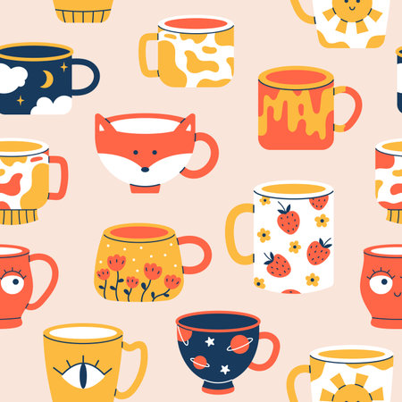 Vector seamless pattern of different cups of tea or coffee. Trendy background with ceramic mugs with various ornaments. Pattern with modern drink cups.のイラスト素材