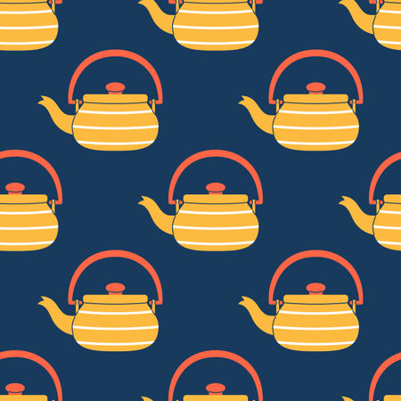 Vector striped tea kettles seamless pattern. Trendy yellow and red tea kettles on dark blue background. Tea time backdrop.のイラスト素材