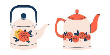 Vector retro tea kettles set. Vintage kitchen tableware collection. Ceramic or porcelain utensils. Trendy teapots or kettles with flowers.のイラスト素材