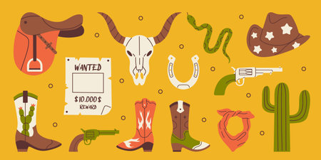 Western set. Retro collection of cowboy boots, bandana, hat, gun, cactus, horseshoe, cow skull, saddle, wanted poster and snake. Wild west and Texas concept.のイラスト素材