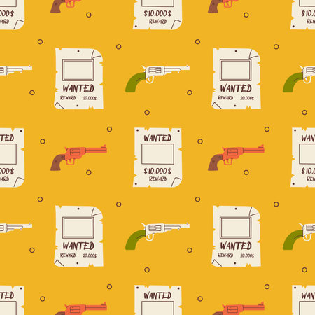 Vector western seamless pattern. Cowboy guns and wanted posters on yellow background. Wild west pattern design.のイラスト素材