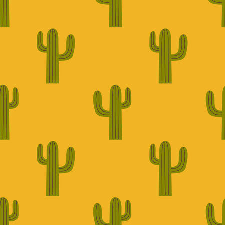 Vector western seamless pattern. Green cacti on yellow background. Wild west pattern with cactus. Desert plant.のイラスト素材